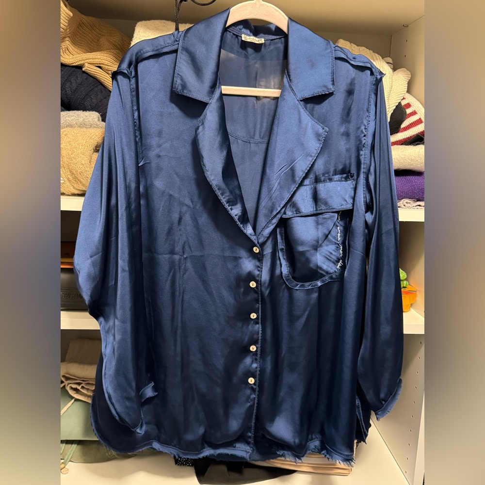 Free People Midnight Blue Satin Pajama top - Picture 3 of 5
